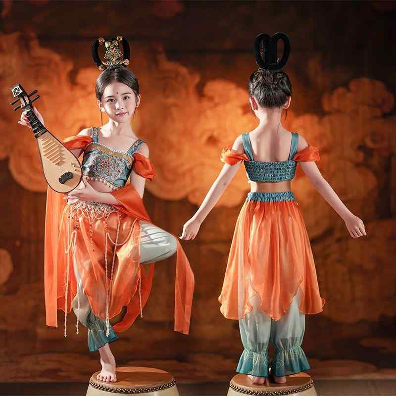 ダンス衣装 キッズ 子供用 西域 敦煌 飛天 楽鼓 古典舞 異国風 上下セット ズボン トップス 腰チェーン ヘアアクセサリー 舞台 演出服 110 120 130 140 150 160 170
