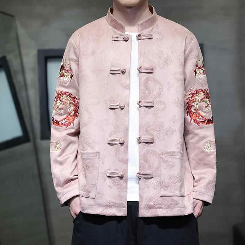 ジャケット 男性用 チャイナ風 唐装 龍 刺繍 スタンドカラー ブルゾン スエード 中華風 アウター ピン..