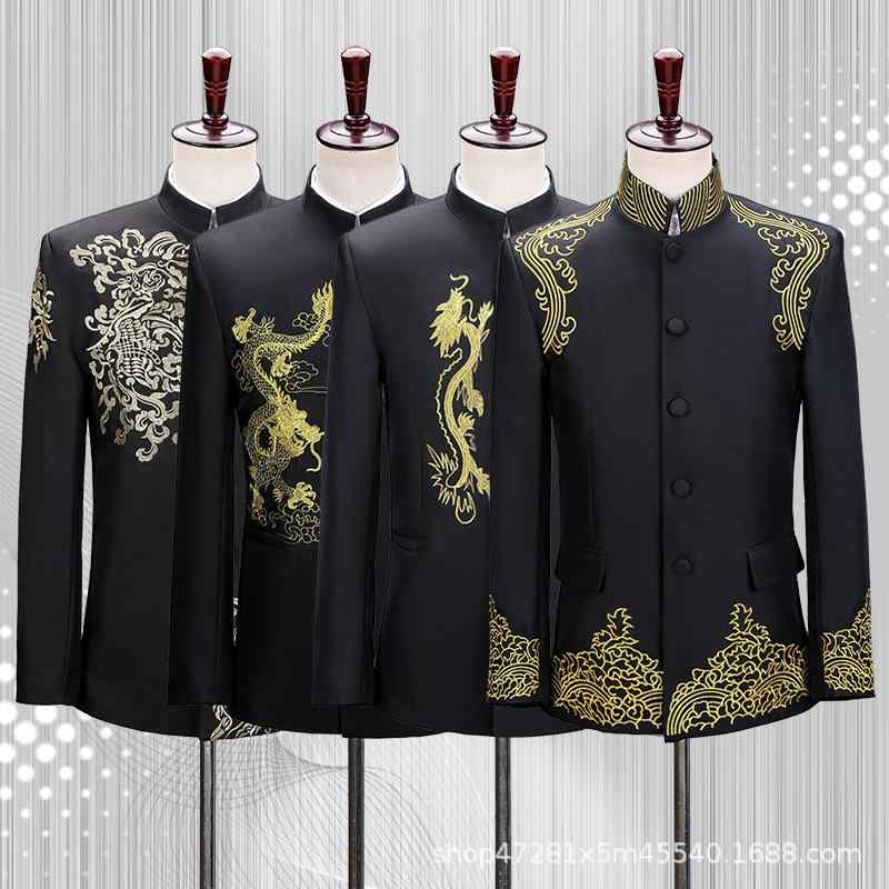 シャツ メンズ 男性用 チャイナ風 唐装 刺繍 立ち襟 ポリエステル ブラック 黒色 春秋 シーズン トップス ズボン 上下 セット 舞台 演出服 礼服