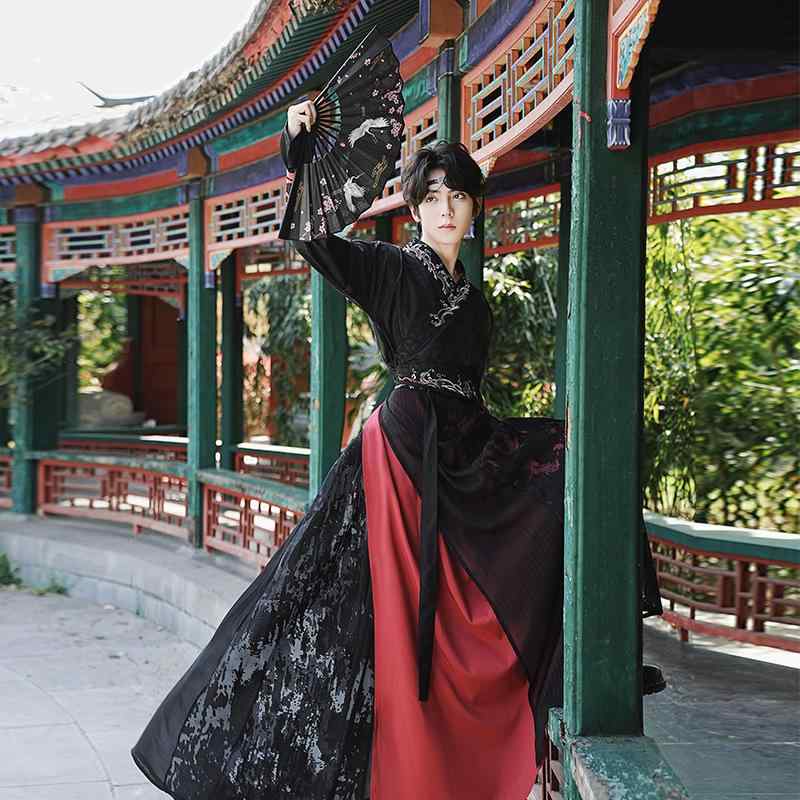 チャイナドレス 男性用 龍 提花 トップス 麻 大判 スカート 刺繍 半袖 漢服