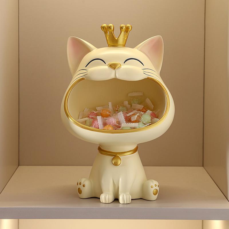 置物 おおくち猫 王冠 招き猫 キー収納 鍵置き 玄関 リビング シューズボックス 下駄箱 インテリア デスク周り 招福 縁起物 開運グッズ かわいい おしゃれ デザイン オブジェ 合成樹脂製 ピンク 淡黄色 ミントグリーン 白 グリーン オレンジ