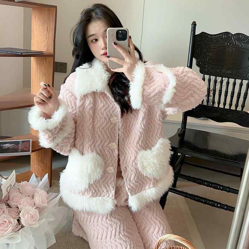 パジャマ レディース 秋冬 厚手 サンゴフリース フランネル 宮廷風 襟付き 長袖 ロングパンツ 2点セット 高級感 保温 快適 ポリエステル エレガント ルームウェア 部屋着 おうち時間 ホテル 旅行 ワンマイルウェア