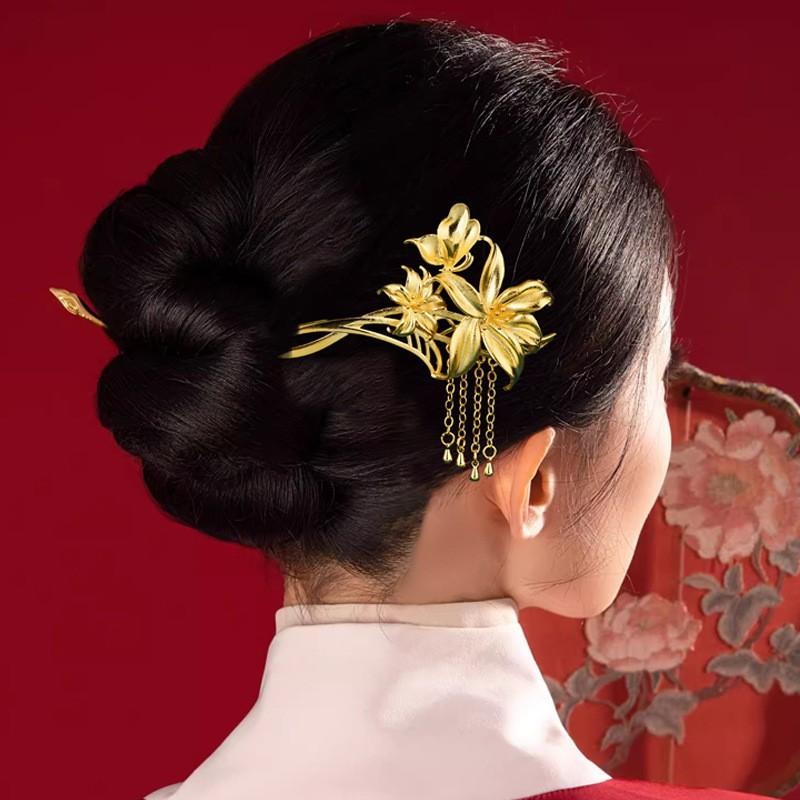 ヘアアクセサリー レディース ブライダル 髪飾り コーム かんざし 古風 百合 花 ジルコニア 結婚式 和装 銅製 電気メッキ加工 ゴールド