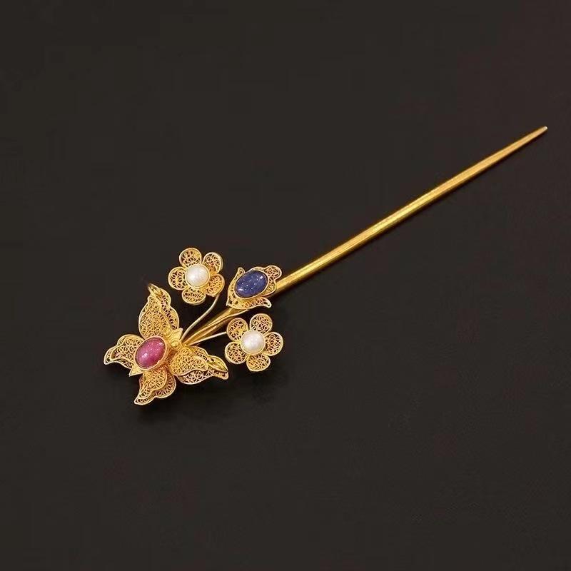 ヘアアクセサリー レディース 女性用 かんざし 簪 銅製 花モチーフ エスニック 幾何学模様 ゴールドカラー 上品 和装小物 髪飾り