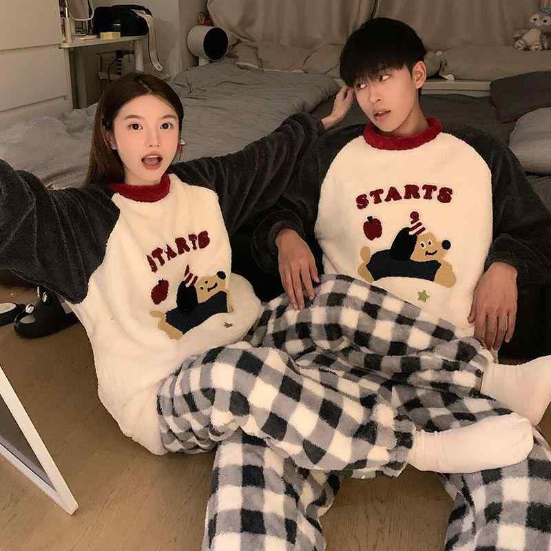 パジャマ レディース メンズ カップル ペア 秋冬 サンゴフリース フランネル 厚手 ポリエステル キャラ..