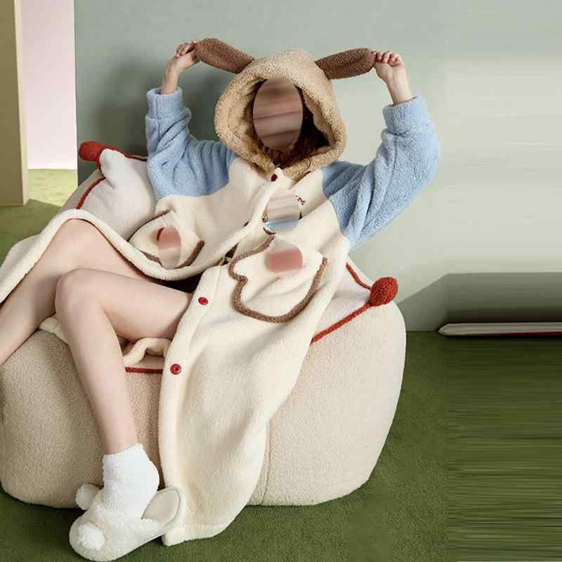 ルームウェア レディース ナイトガウン フード付き ダックスフンド柄 犬柄 厚手 フランネル サンゴフリ..