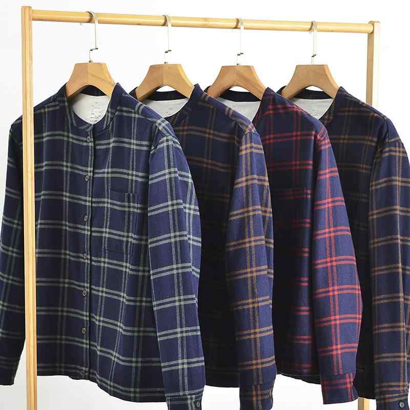 パジャマ 男女兼用 カップル ペア 綿 コットン フランネル 起毛 厚手 立ち襟 スタンドカラー 長袖 ロン..