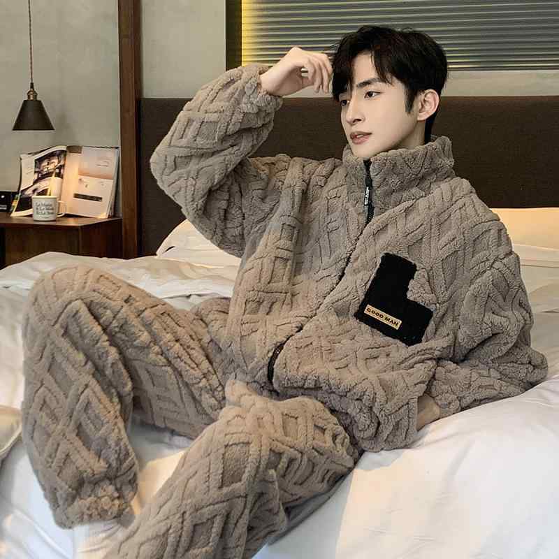 パジャマ メンズ 秋冬 サンゴフリース フランネル 厚手 裏起毛 ルームウェア 上下セット ジップアップ ..