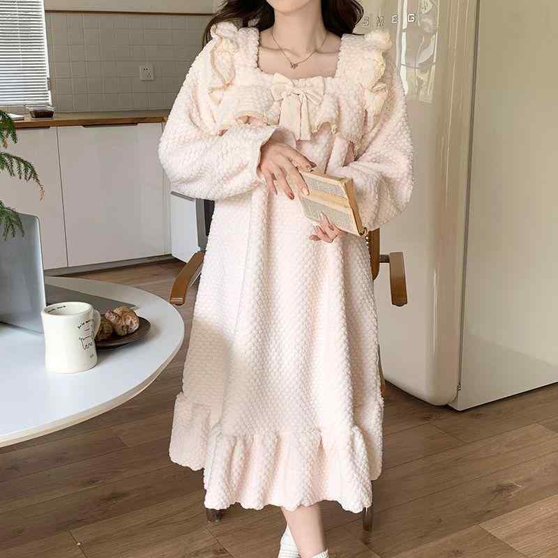 パジャマワンピース レディース 女性用 秋冬春 厚手 サンゴフリース フランネル 裏起毛 ロング丈 ルームウェア 部屋着 ゆったり シンプル かわいい 保温 快適 カジュアル ナイトガウン ポリエステル