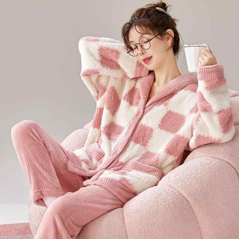 パジャマ レディース 女性用 秋冬 サンゴフリース フランネル ポリエステル 厚手 裏起毛 保温 あたたか..