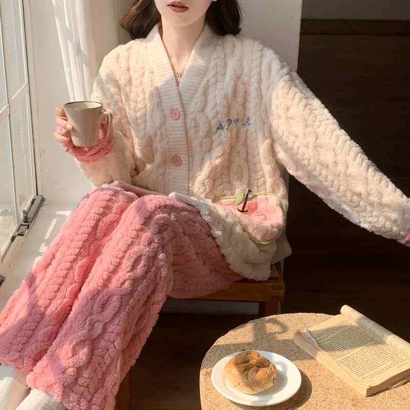 ルームウェア レディース かわいい 上品な サンゴフリース フランネル 厚手 カーディガン 上下セット ..