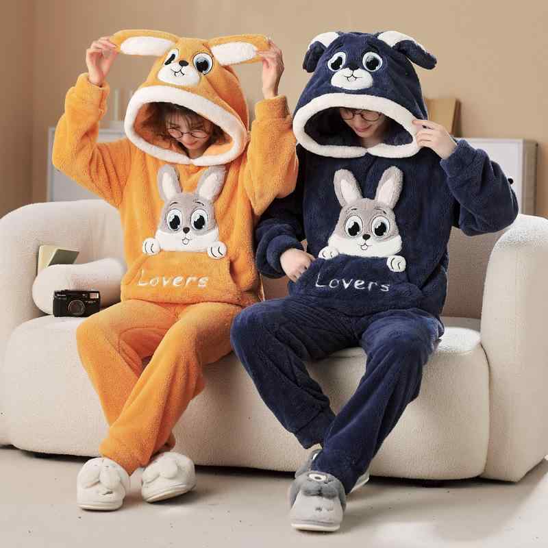 パジャマ ルームウェア ペア カップル 男女兼用 秋冬春 サンゴフリース フランネル 厚手 あったか もこもこ 上下セット 長袖長ズボン かわいい キャラクター 部屋着 寝間着 ポリエステル