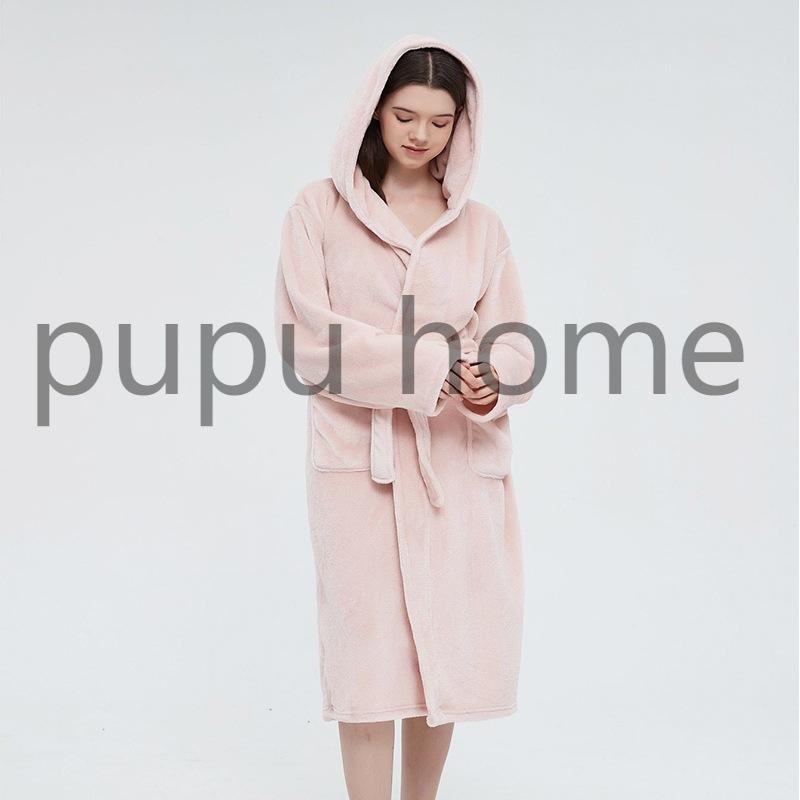 ナイトガウン カップル用 ペア 無地 フード付き フランネル 厚手 肉厚 秋冬用 欧米風 ルームウェア バ..