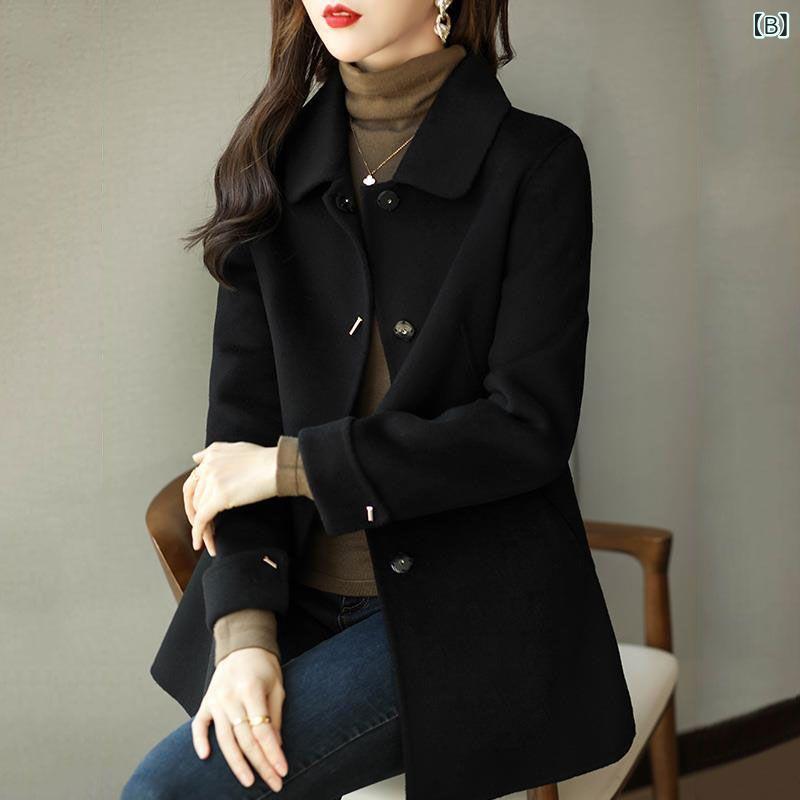 コート レディース 毛織 秋冬 ポリエステル ゆったり 体型カバー カジュアル 通勤 無地 切り替え 長袖 膝丈 ミドル丈 ブルー ブラック ベージュ