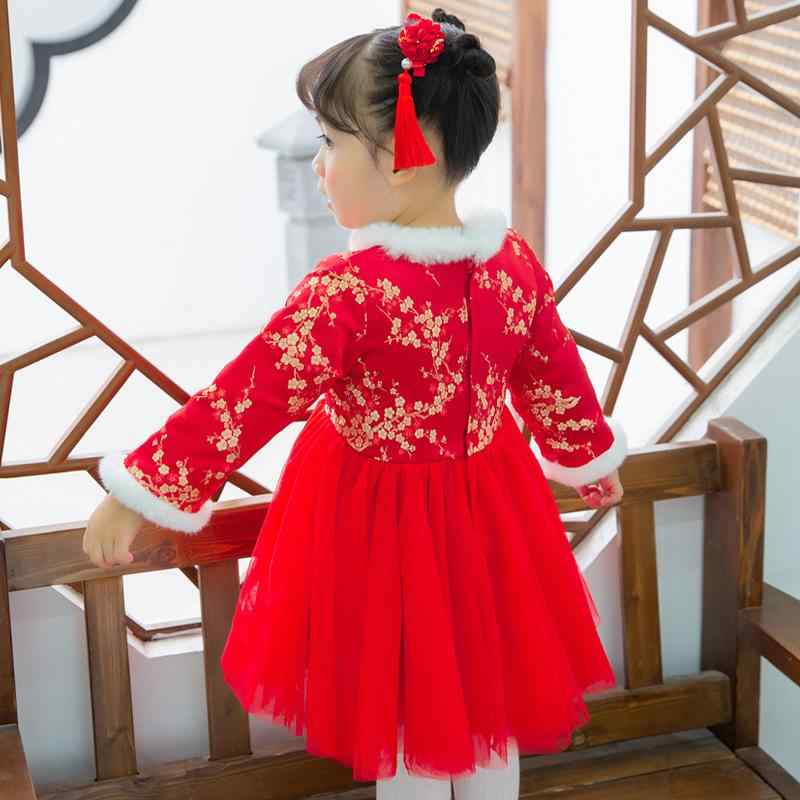 チャイナドレス キッズ 女の子 唐装 民族衣装 子供服 花柄 牡丹 梅柄 中華風 チュール Aライン 厚手 秋..