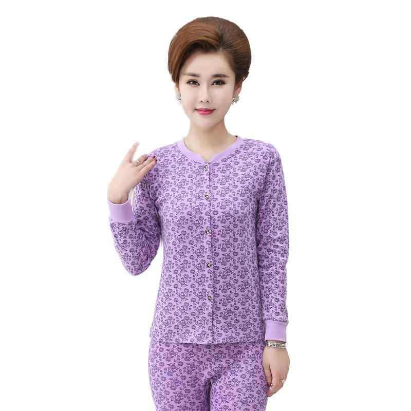 保温肌着 ミセス 女性用 暖かい 綿100% 厚手 開襟 丸首 長袖 ロングパンツ 上下セット 秋冬 防寒対策 ..