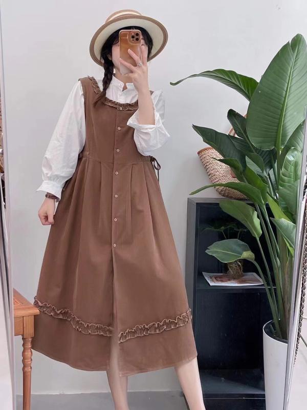 ワンピース レディース 森ガール コーデュロイ Aライン ノースリーブ ロングワンピース ゆったり ギャザー 切り替え 清楚 かわいい 春(4)