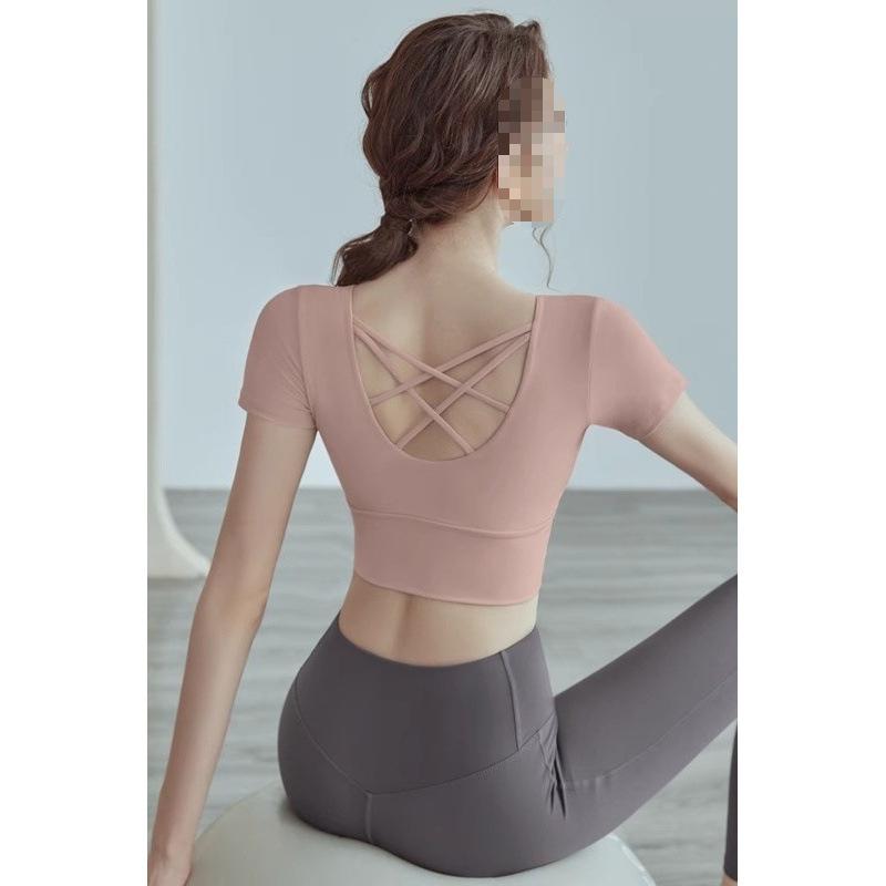 ヨガウェア レディース セットアップ 夏用 半袖 スポーツブラ付き トップス 竹原繊維 伸縮性 プラーティス 高級感 杏色 ピンク