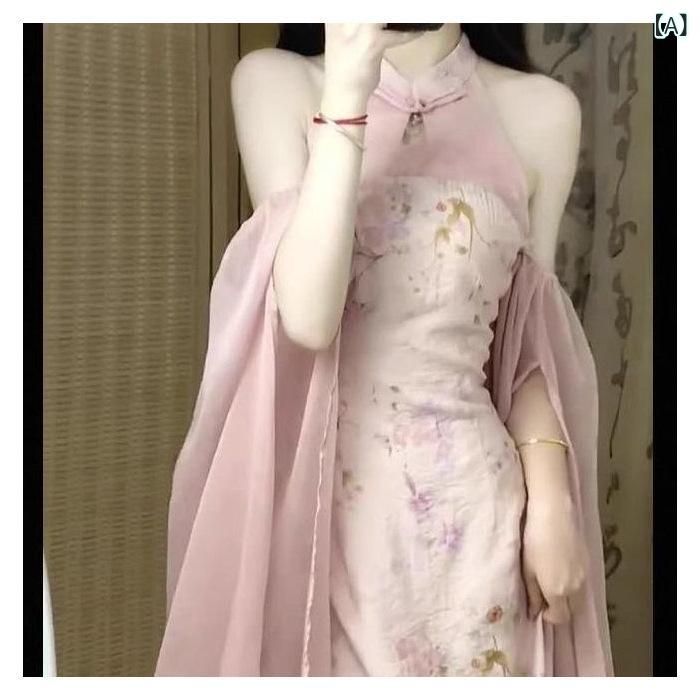 ワンピース レディース チャイナドレス ピンク系 Aライン 立襟 長袖 膝丈 ポリエステル 文芸復古 中国風 結婚式 パーティー 春夏(4)