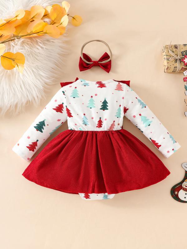 ベビー服 クリスマスツリー柄 長袖 ワンピース ロンパース 2点セット コーデュロイ かわいい 女の子 赤..