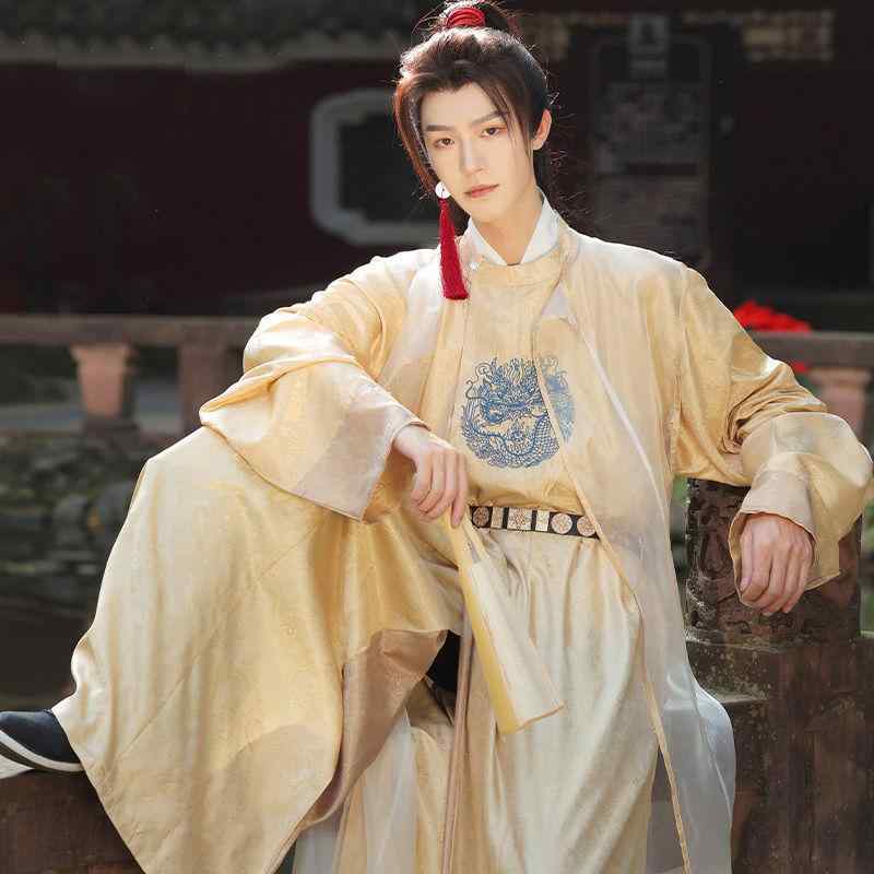 漢服 メンズ 中国風 唐風 明風 円領袍 道袍 古代衣装 フルセット 仙人風 優雅 幻想的 麻混紡 ポリエステル ダンス衣装 舞台衣装 イベン..