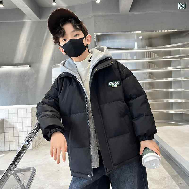 ・性別: 男・対象年齢: 中・高学年（8歳以上、140cm以上）・素材: 化学繊維・裏地素材: ポリエステル・スタイル: カジュアル・柄: 無地・フード: 有り（連帽）・要素: トレンド・実写画像: モデル有り・種類: ダウンジャケット・着丈: 短め・フィット: ゆったり・安全レベル: B類・生地: 化学繊維・中綿: ホワイトダックダウン・中綿量: 50～55%・厚さ: 厚手・留め具: ジッパー・袖丈: 長袖・色: ブラック、ベージュ・対応身長: 120cm、130cm、140cm、150cm、160cm、170cm・製品カテゴリ: 子供用ダウンジャケット