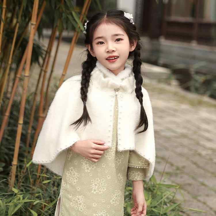 ポンチョ キッズ 女の子 チャイナドレス ショール 冬 花柄 刺繍 厚手 ケープ 子供 大判 綿 防寒 公園 ..