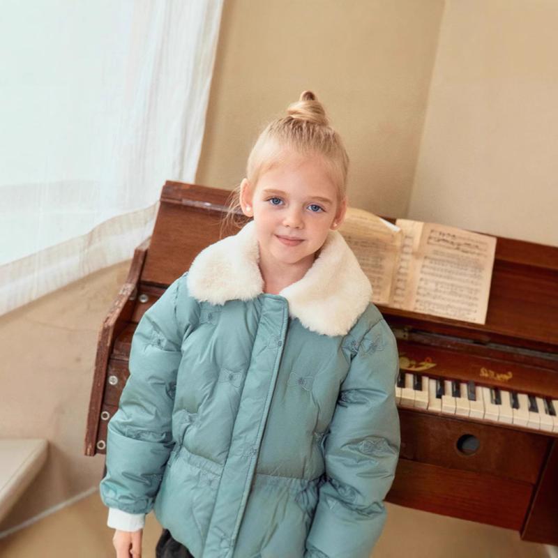 子供服 ダウンジャケット 女の子 毛襟 緑色 フードなし 冬 中綿 合体型 普段使い 防寒 80 90 100 110 1..