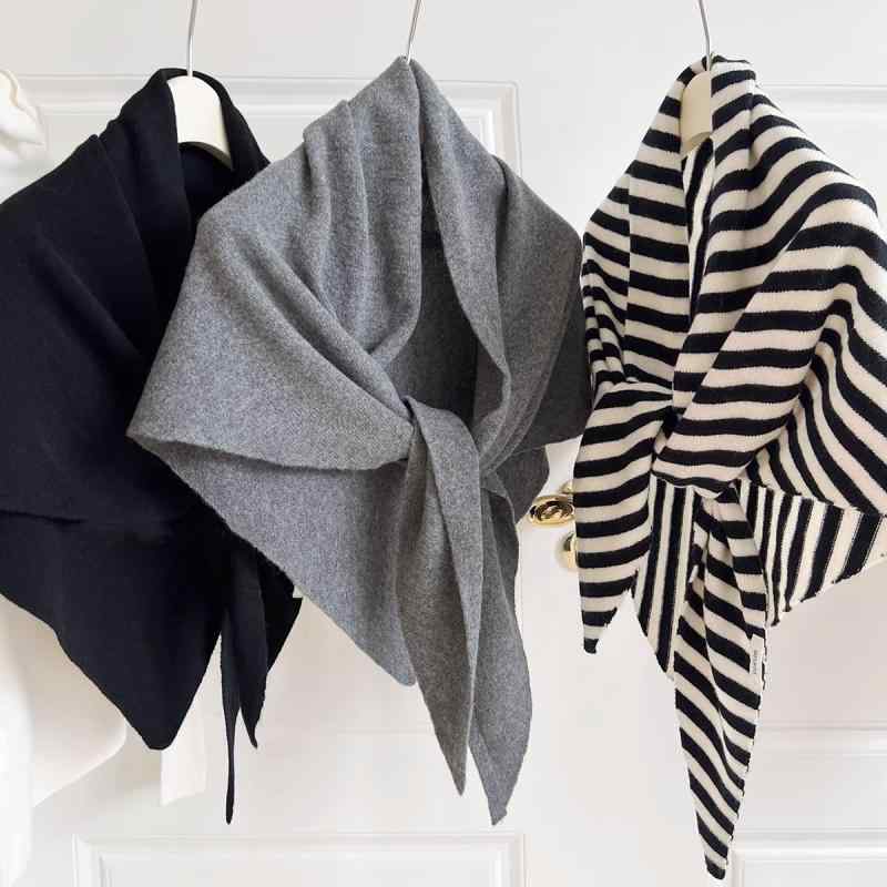 ショール レディース 秋冬 ウール100％ ニット 大判 三角巾 ストール 暖かい 灰色 黒白ストライプ ブラ..