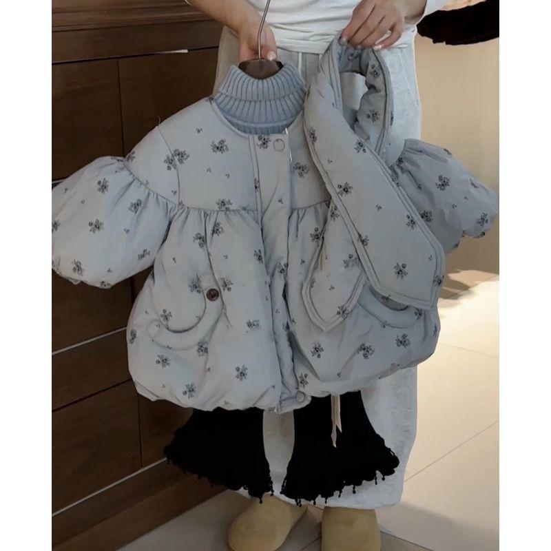 子供服 ガールズ 中綿入りジャケット 秋冬 厚手 防寒 ショート丈 アウター 花柄 綿 ラウンドネック 90 ..