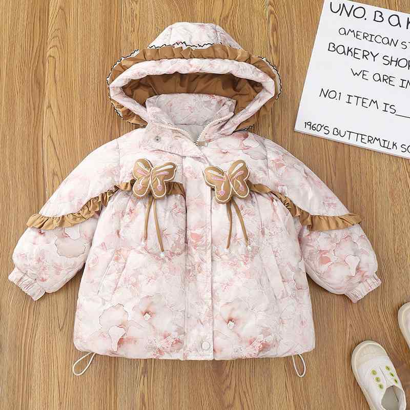 子供服 ガールズ ダウンジャケット ケープ 秋冬 プリンセススタイル 花柄 中綿入り 取り外し可能フード..