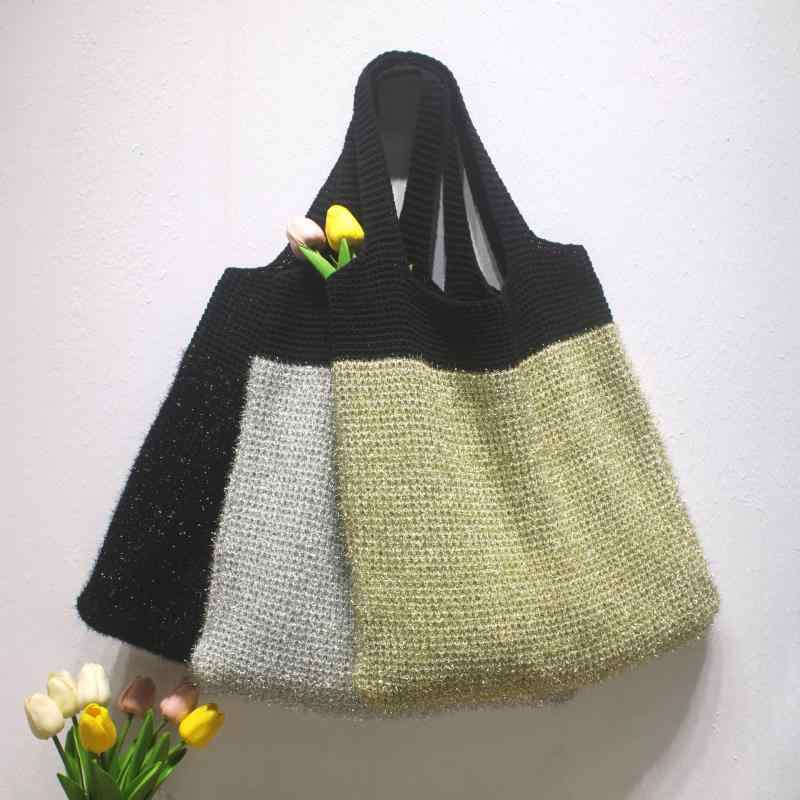 トートバッグ レディース 秋冬 手提げ 肩掛け 大判 キラキラ ラメ 糸 鞄 ガラス纱 シルバー 銀色 ブラック 黒色 ゴールド 金色 通勤 普段使い