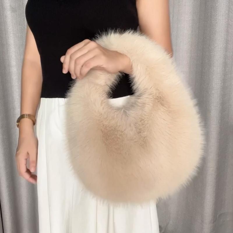 ハンドバッグ レディース 秋冬 新月型 フェイクファー フォックスファー 鞄 カバン ストリート トレンド スマホポケット付き