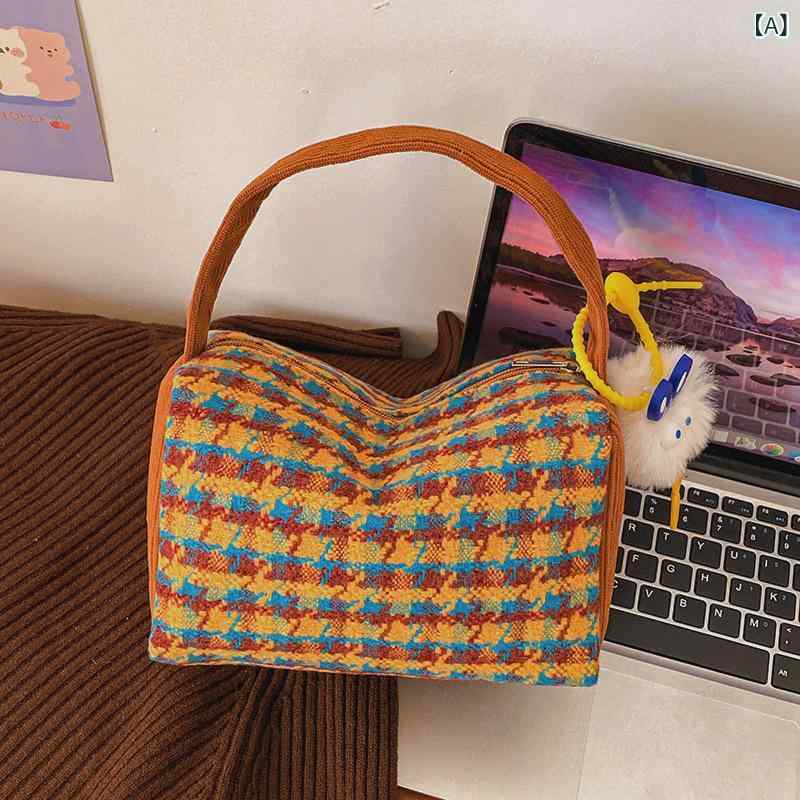 ハンドバッグ レディース かわいい ふぐ 千鳥格子 コーデュロイ 化粧ポーチ ミニトートバッグ 配色 大容量 普段使い