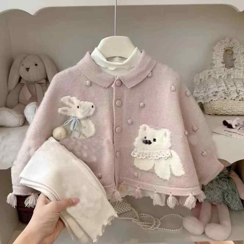 ニット キッズ 女の子 カーディガン 子供 ポンチョ風 ショール ケープ 羽織物 長袖 コットン100% 綿 か..