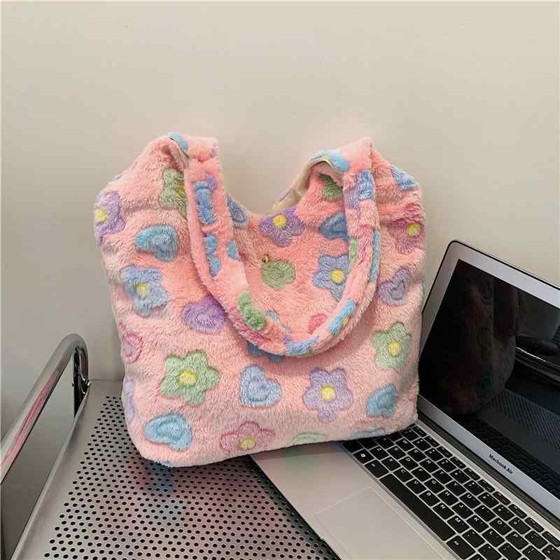 トートバッグ レディース 秋冬 ファッション レトロ調 手提げ 鞄 肩掛け カバン かわいい ふわふわ もこもこ ピンク ブルー アイボリー 普段使い