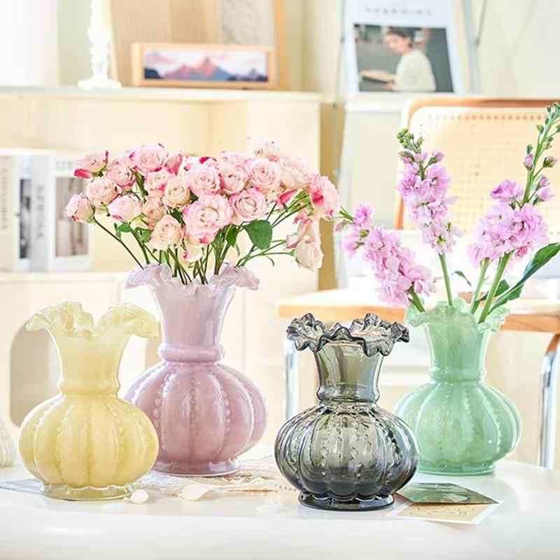 花瓶 レトロ 花柄 ガラス 高級感 インテリア 飾り 縁取り ウェーブ 卓上