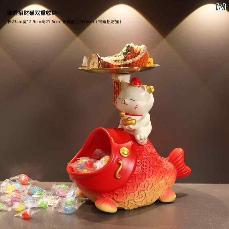 置物 招き猫 錦鯉 玄関 リビング 鍵収納トレイ 小物入れ おしゃれ かわいい インテリア雑貨 オブジェ 開運グッズ 縁起物 樹脂製 現代シンプル 新築祝い 引越し祝い プレゼント