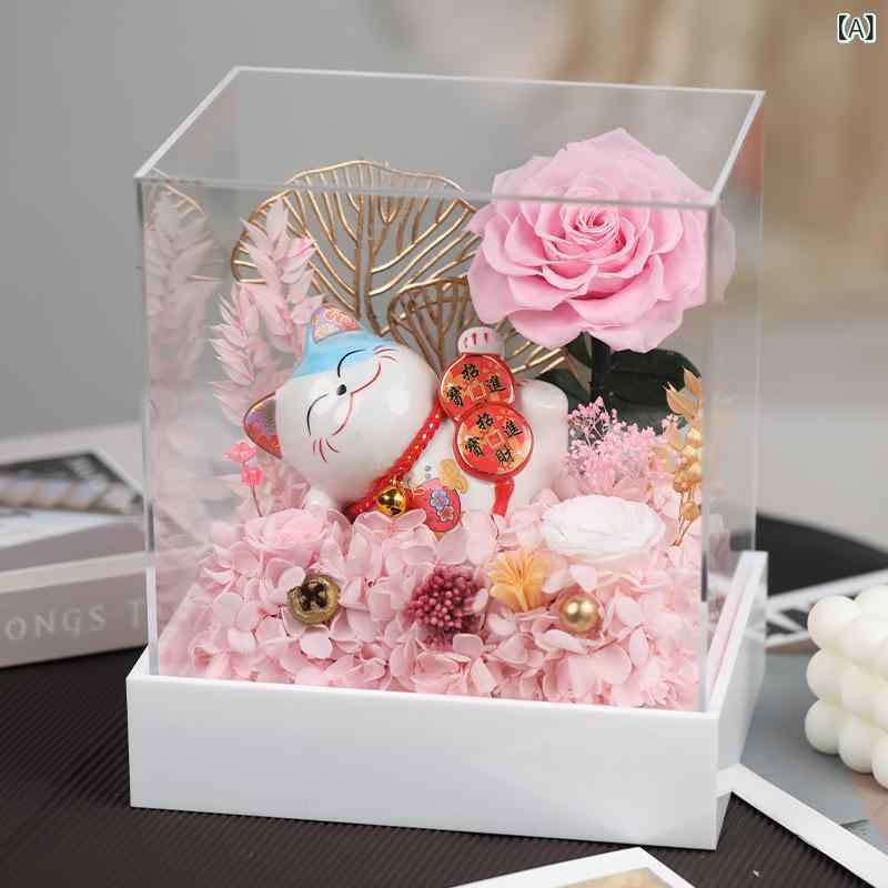 置物 飾り オブジェ プリザーブドフラワー ローズ アクリル 招き猫 まねき猫 縁起物 金運招福 開運 開店祝い 開業祝い 引っ越し祝い 新築祝い 新年祝い お正月 オフィス リビング 玄関 インテリア おしゃれ ギフト プレゼント 赤色