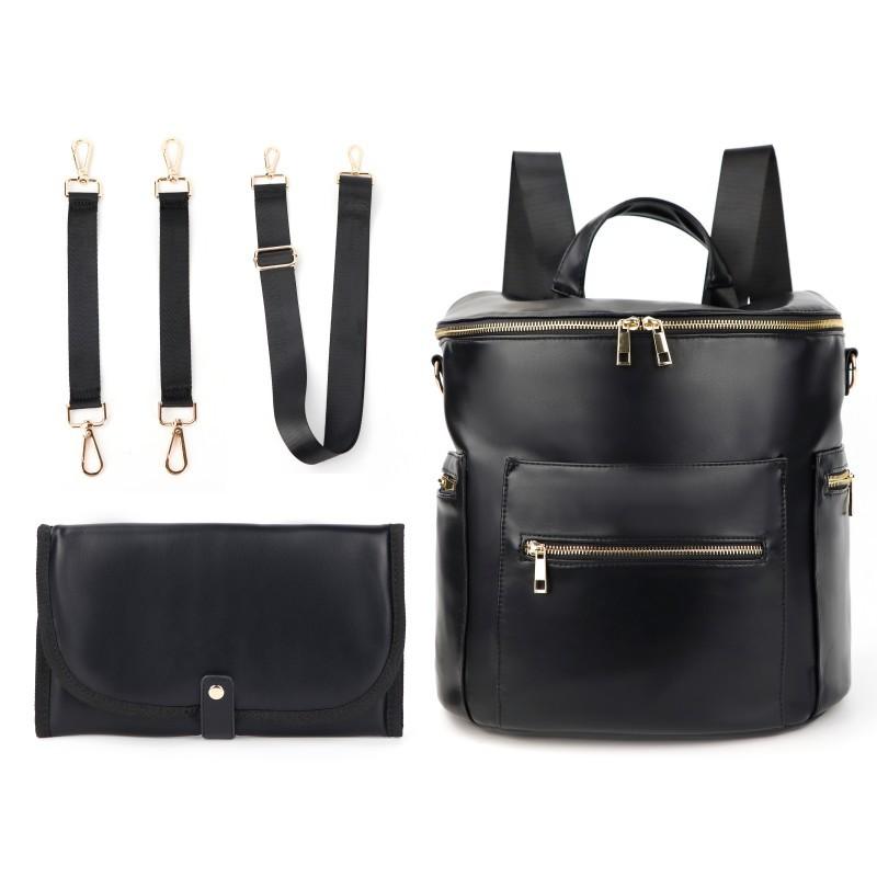 マザーズバッグ PUレザー 合皮 リュックサック バックパック 大容量 多機能 軽量 保温ポケット付き おむつ収納 ママリュック 育児用 ブラック 欧米風 レトロ 無地 おしゃれ