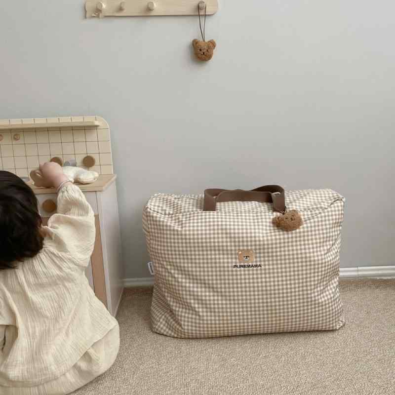 収納バッグ ベビー 大容量 幼稚園 旅行 衣類 コットン 布団 整理 カバン ベージュ くま