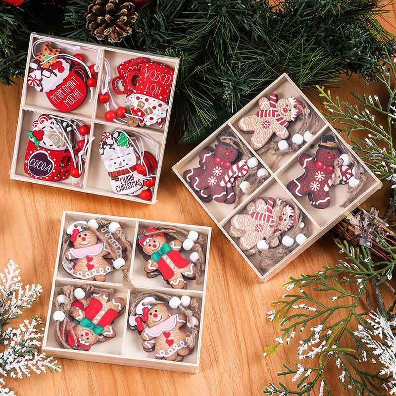 クリスマス 飾り レディース キッズ メンズ 四宮格 木製 ジンジャーブレッドマン アイスクリーム 人形 セット ボックス ペンダント クリスマスツリー デコレ...