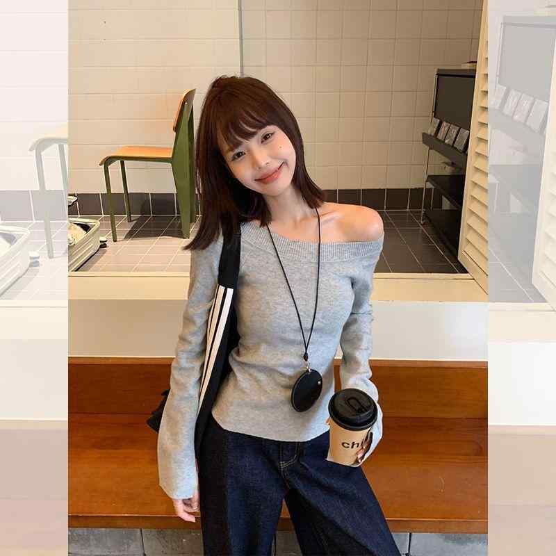 ニット レディース 斜めネック 長袖 トップス 秋冬 薄手 スリム 無地 カットソー 接触冷感 韓国風 かわいい 学院風 カジュアル 普段使い デート