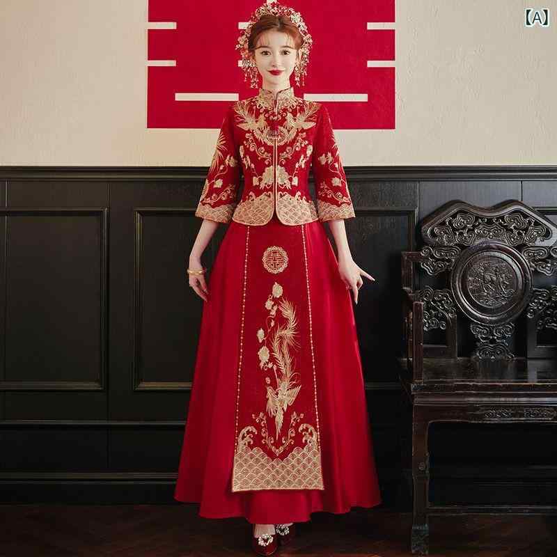 チャイナドレス 花嫁 中華婚礼衣装 秀禾服 結婚式 ウェディングドレス ブライダル 披露宴 お色直し 礼服 前撮り 二次会 スレンダーライン ミモレ丈 ポロ襟 スクエアネック 七分袖 パフスリーブ シェニール素材 伸縮性 高級感 エレガント