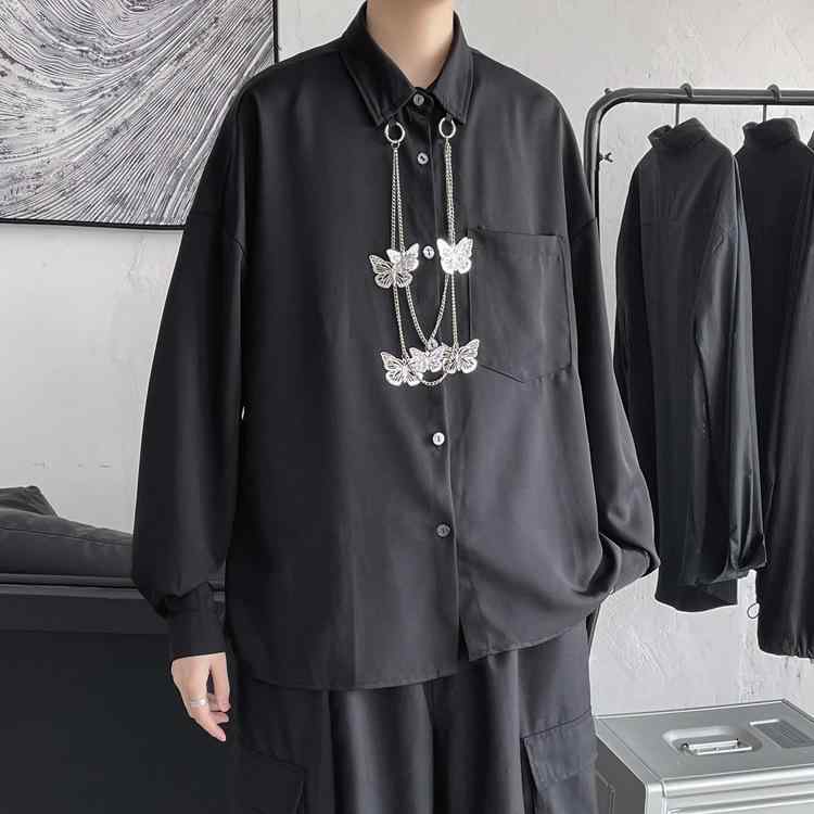 シャツ メンズ 無地 蝶モチーフ ゆったり ビッグシルエット 長袖 カジュアル ストリート ポリエステル混紡 ブラック 春秋