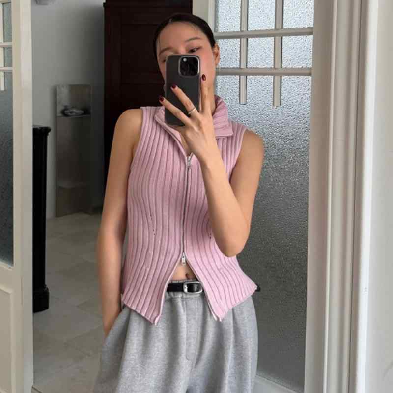 ニット レディース 韓国風 ニットベスト プルオーバー トップス 無地 ダブルジップ 立ち襟 ノースリーブ かわいい オフィスカジュアル 春夏 ブラック ピンク系