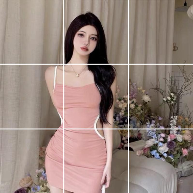 ワンピース レディース セクシー 接触冷感 ノースリーブ ミニ丈 ショート丈 タイト スリム 一字襟 肩出し パーティー クラブ キャバドレス 部屋着 ポリエステル ピンク ブラック(4)