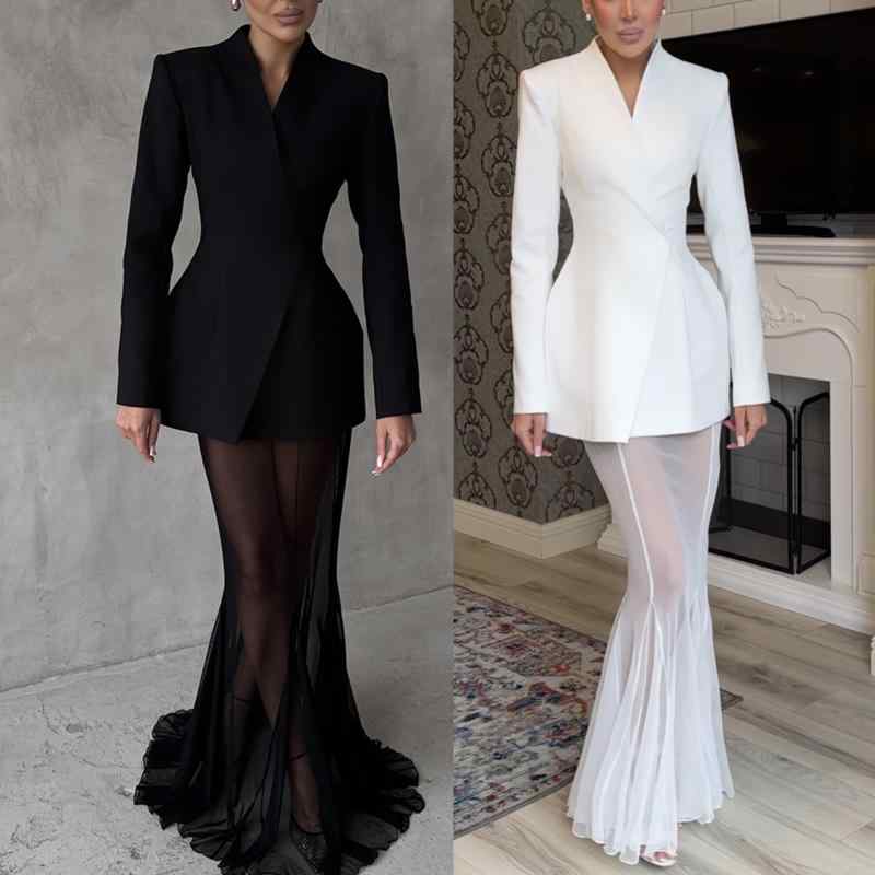 セットアップ レディース 長袖サテンシャツ チュールスカート 2点セット ギャザー ゆったり ポリエステル 普段使い 韓国風ファッション ブラック ホワイト(4)