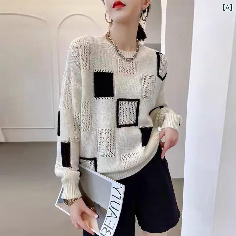 ニット レディース 秋冬 韓国風 配色 格子柄 セーター ゆったり 長袖 ラウンドネック プルオーバー トップス オフィスカジュアル きれいめ 通勤 普段使い ポリエステル