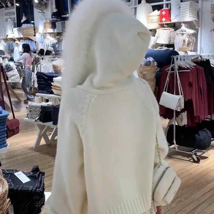 ニット カーディガン レディース 韓国風 大きめ襟 フード付き ジップアップ ゆったり 厚手 ニット トップス オフホワイト ベージュ かわいい カジュアル